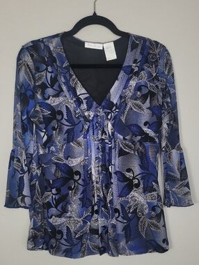 Y2K Sheer Mesh Babydoll Top Size M Blue Black Floral Whimsigoth Bell Sleeve